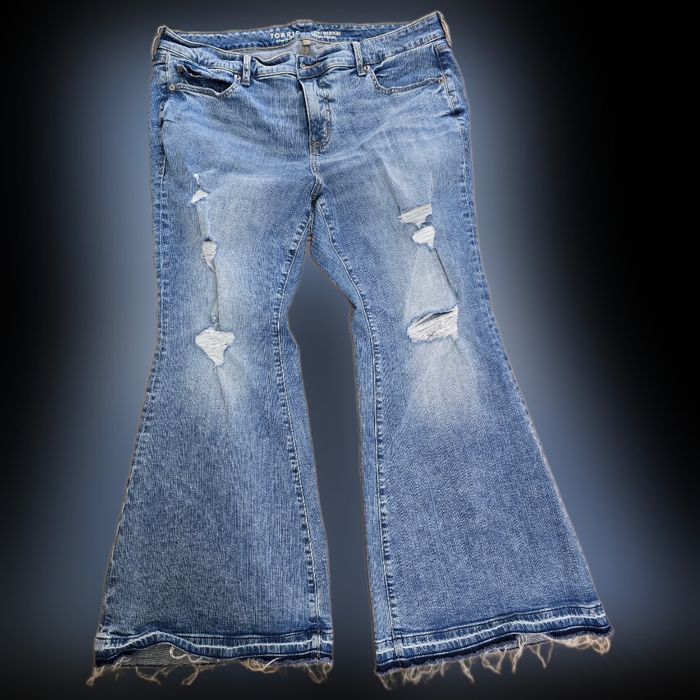 Torrid Medium Blue Flare Jeans with Distressed Details